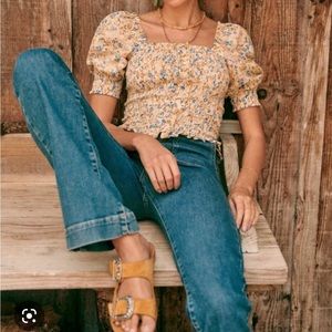 Sezane Floral Smocked Puff-Sleeve Crop Top in Yellow and Blue